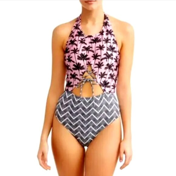 No Boundaries M Barbiecore Pink Palms & Chevrons Halter Lace-up Swimsuit 19417 - Picture 1 of 8